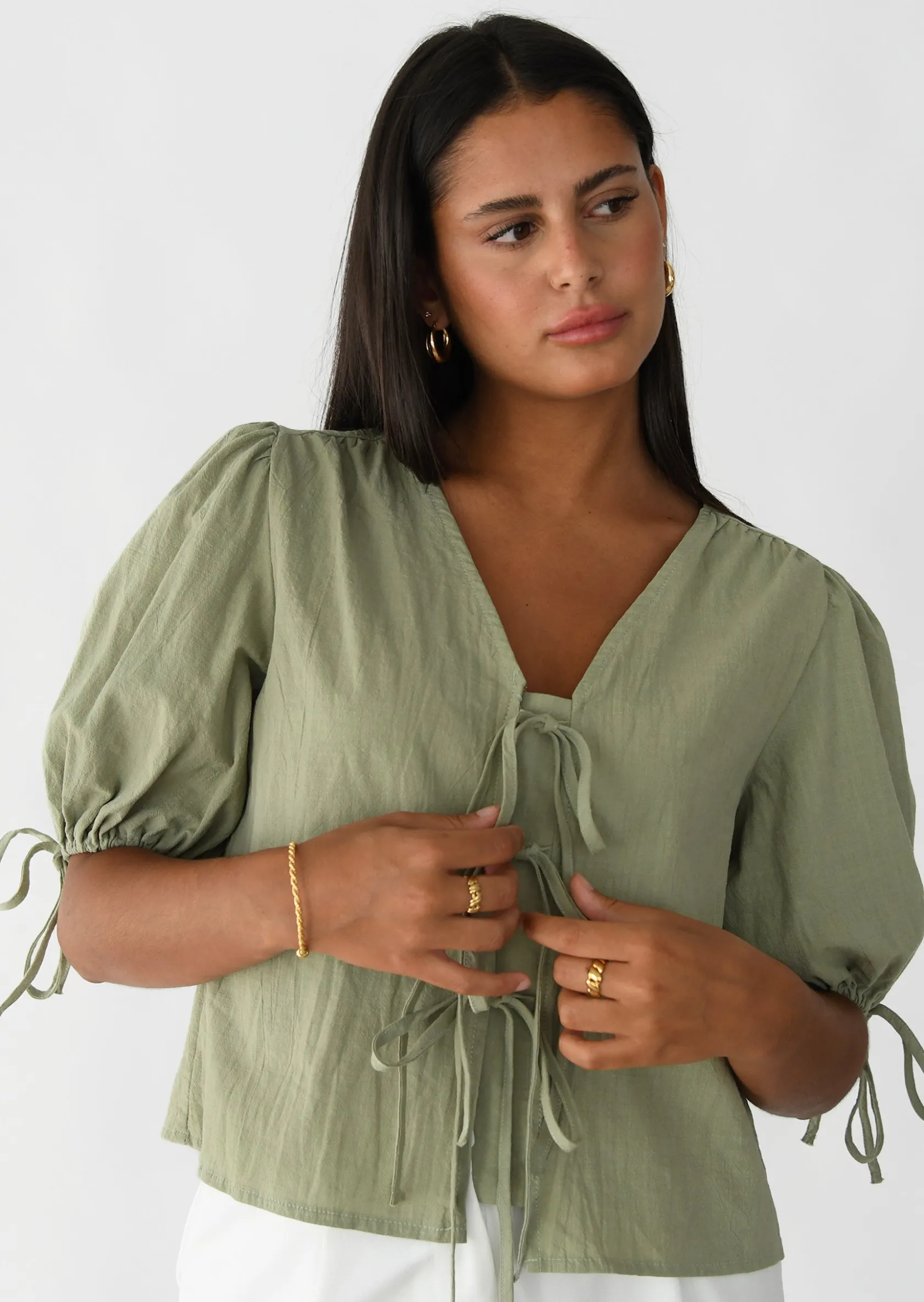 Outfitbook Blouse manches bouffantes avec noeuds VERT Outlet