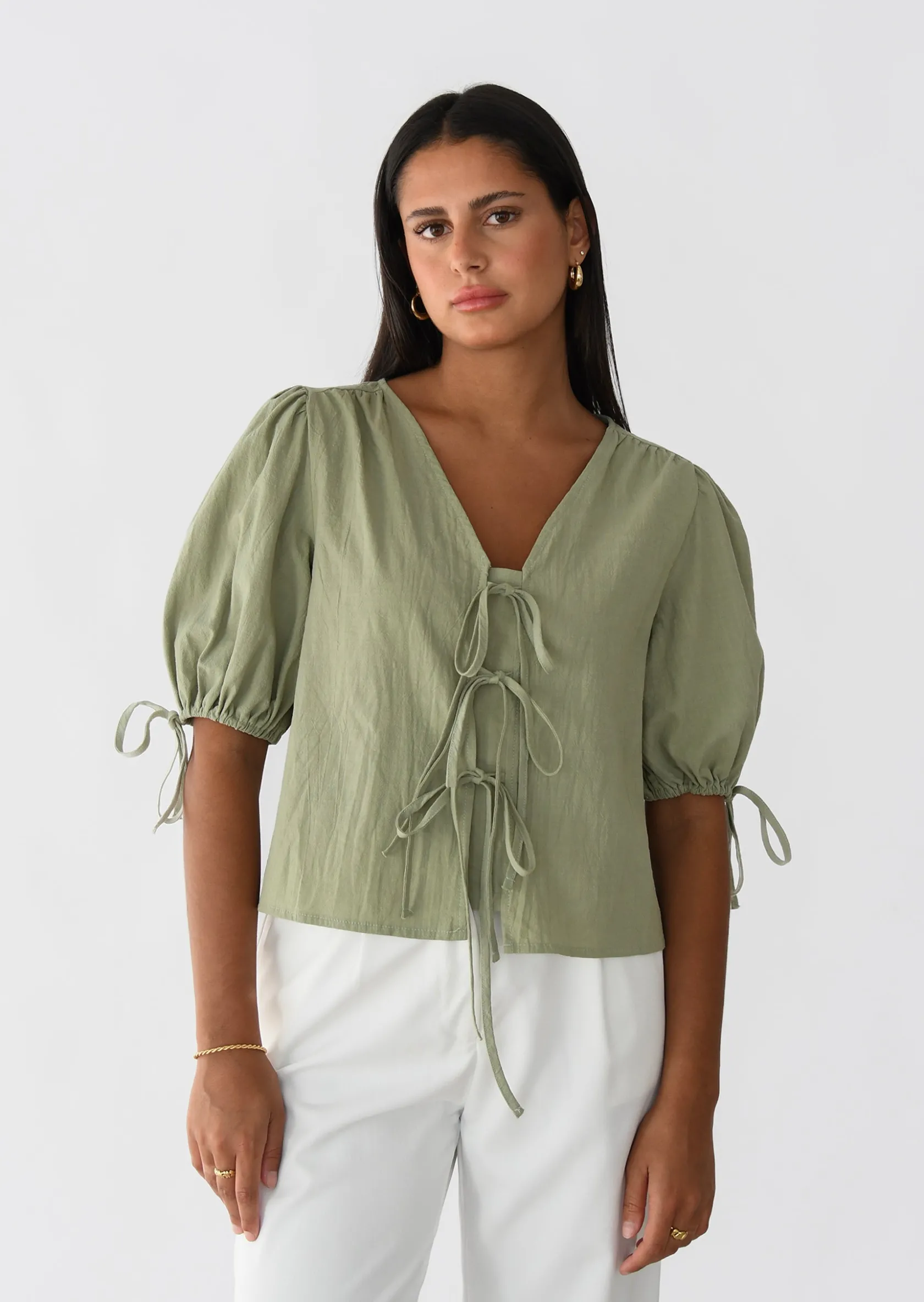 Outfitbook Blouse manches bouffantes avec noeuds VERT Outlet