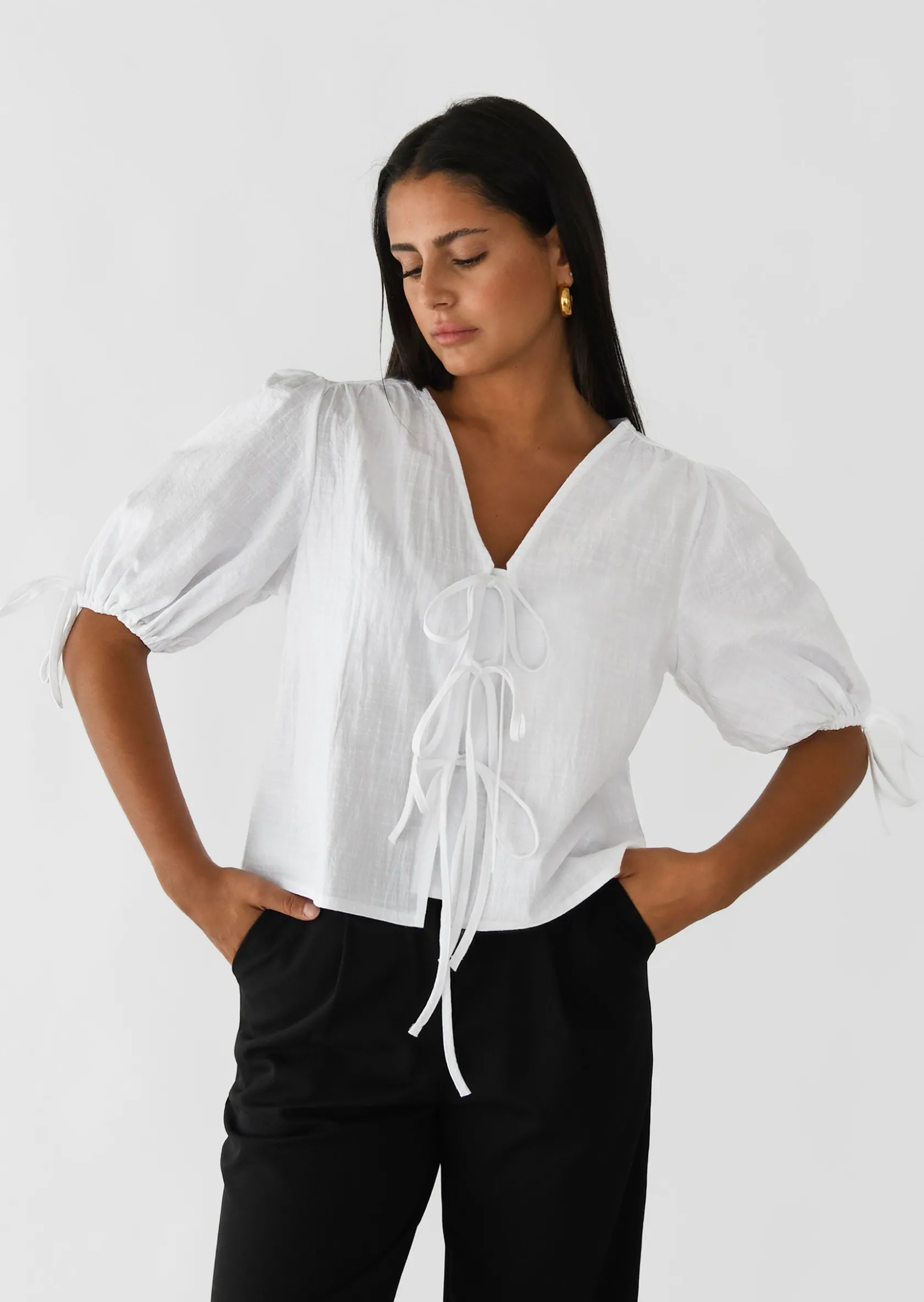 Outfitbook Blouse manches bouffantes avec noeuds BLANC Cheap