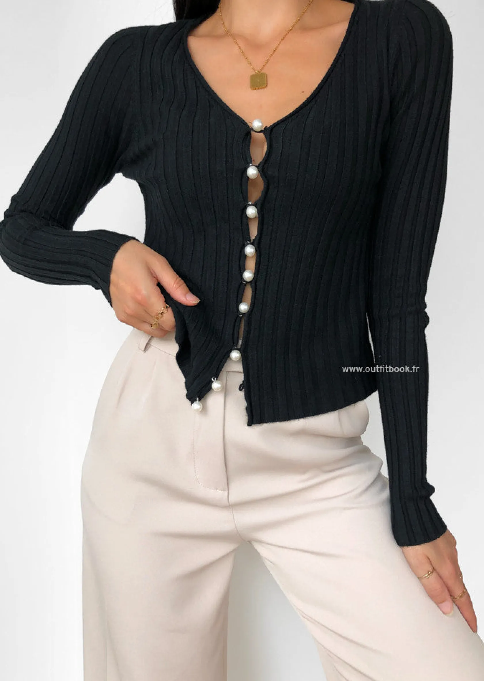 Outfitbook Cardigan côtelé avec boutons perles noir Cheap