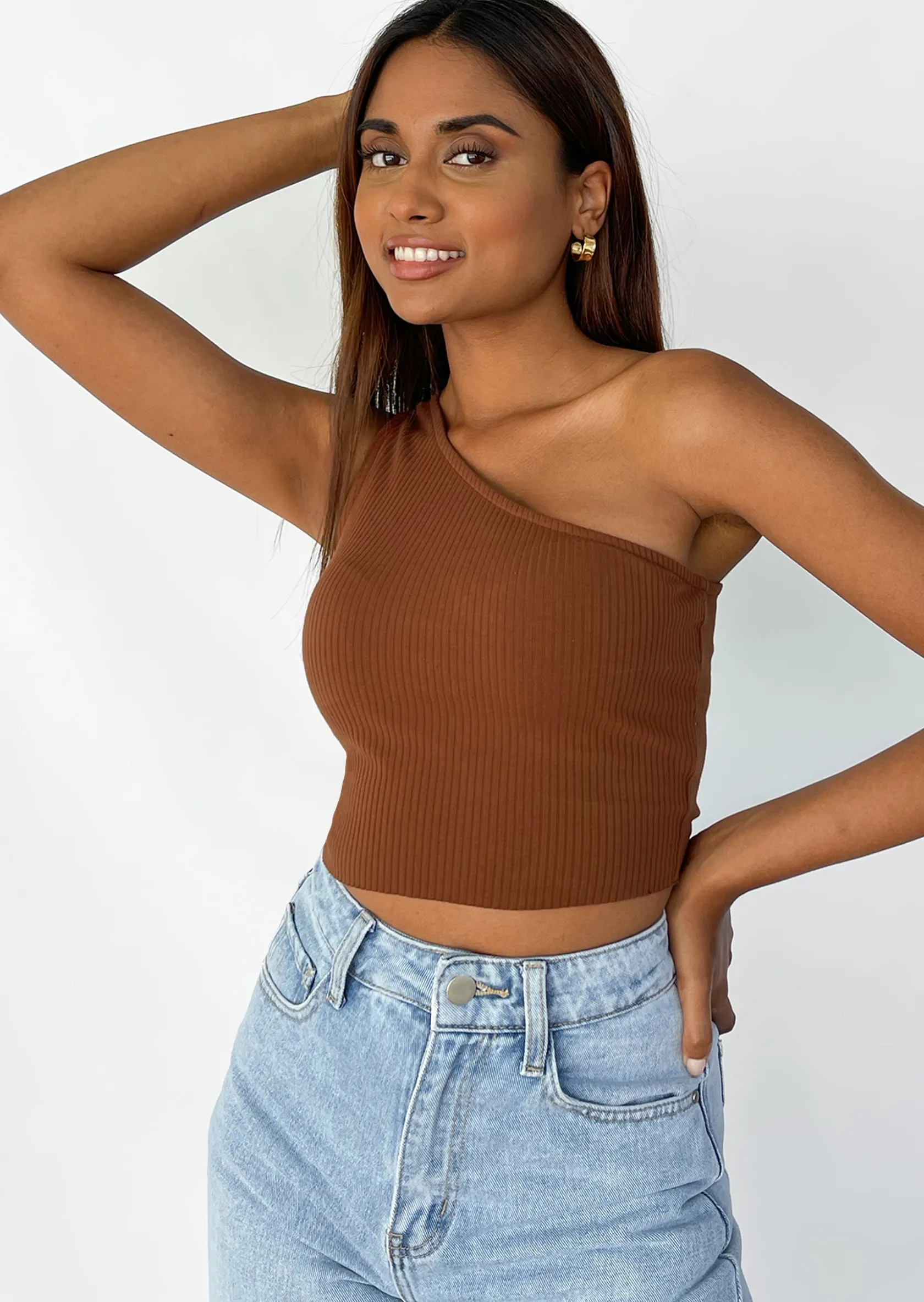 Outfitbook Crop top asymétrique côtelé MARRON Outlet