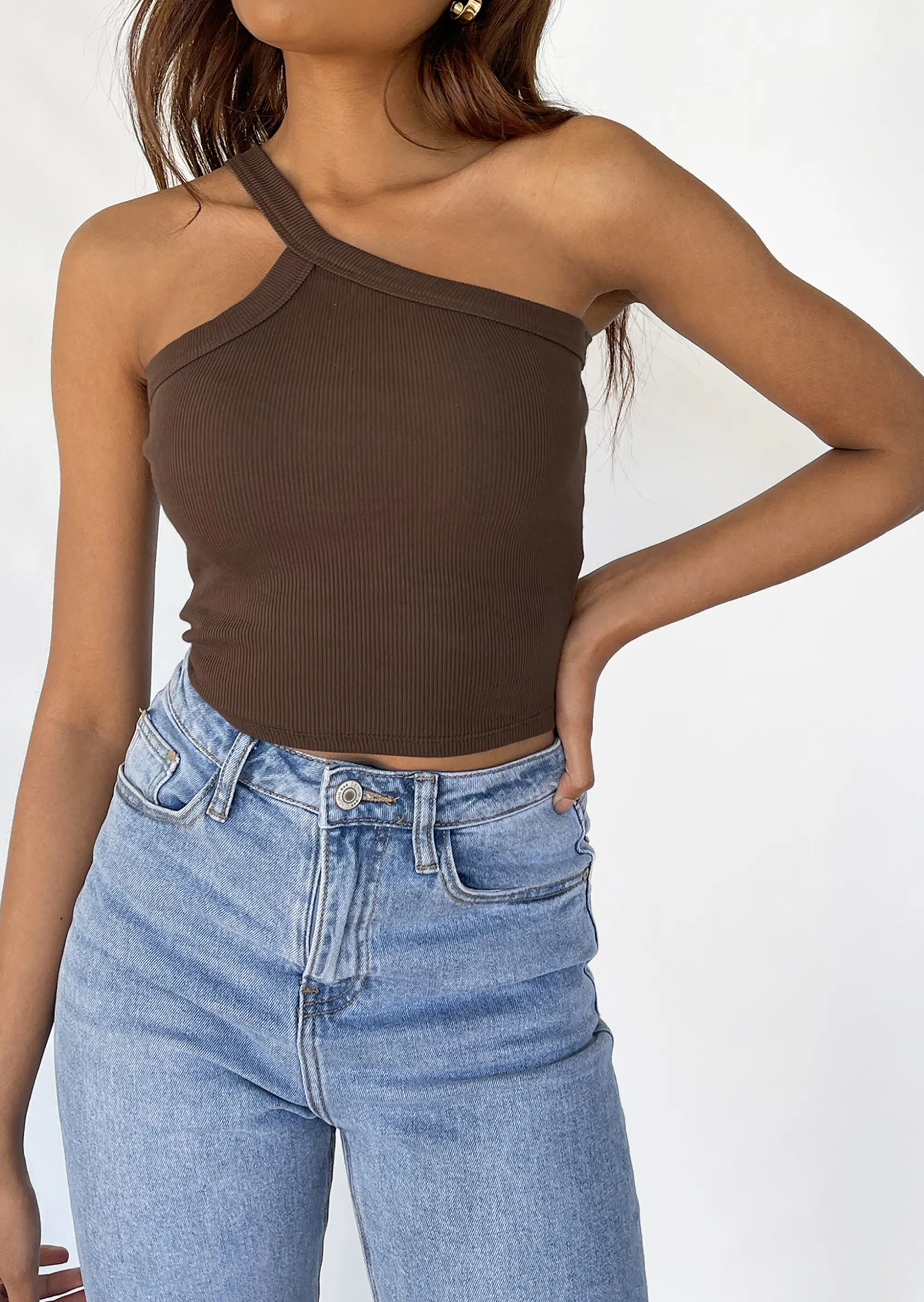 Outfitbook Crop top asymétrique côtelé MARRON Cheap