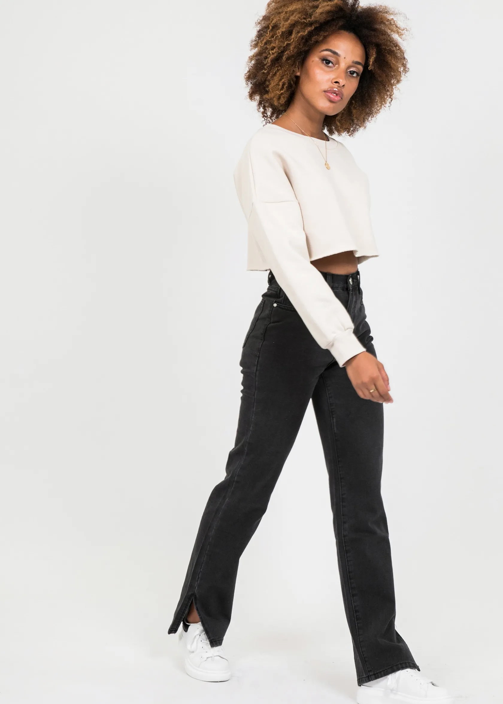 Outfitbook Jean droit taille haute fendu sur les côtés délavé NOIR Clearance