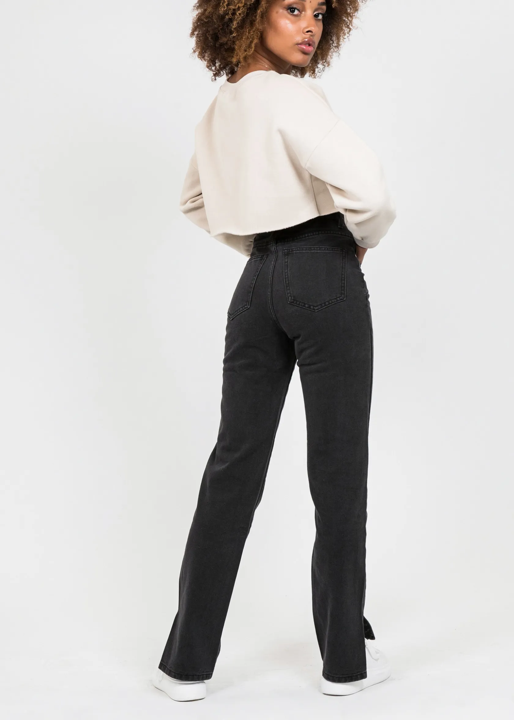 Outfitbook Jean droit taille haute fendu sur les côtés délavé NOIR Clearance