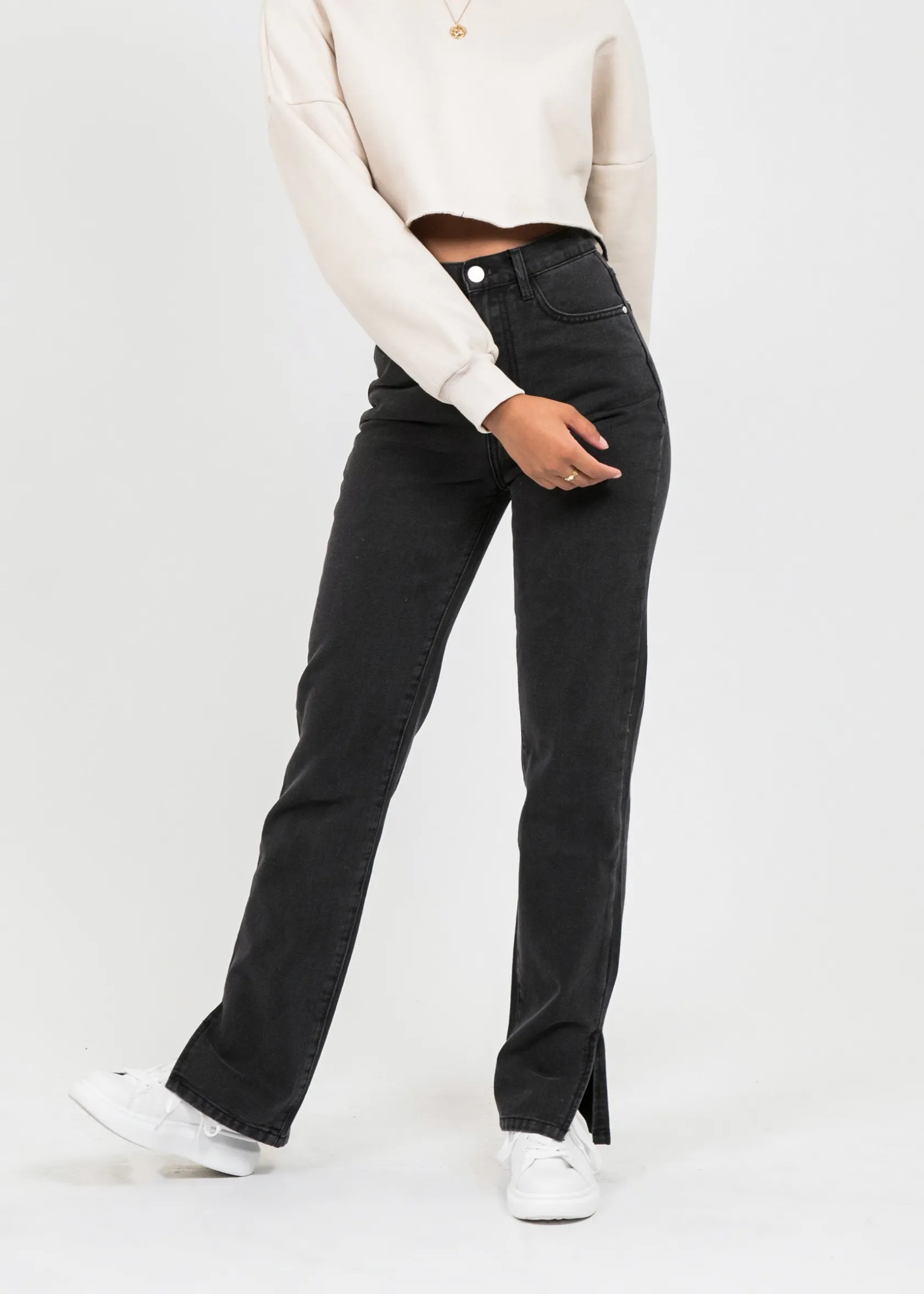 Outfitbook Jean droit taille haute fendu sur les côtés délavé NOIR Clearance