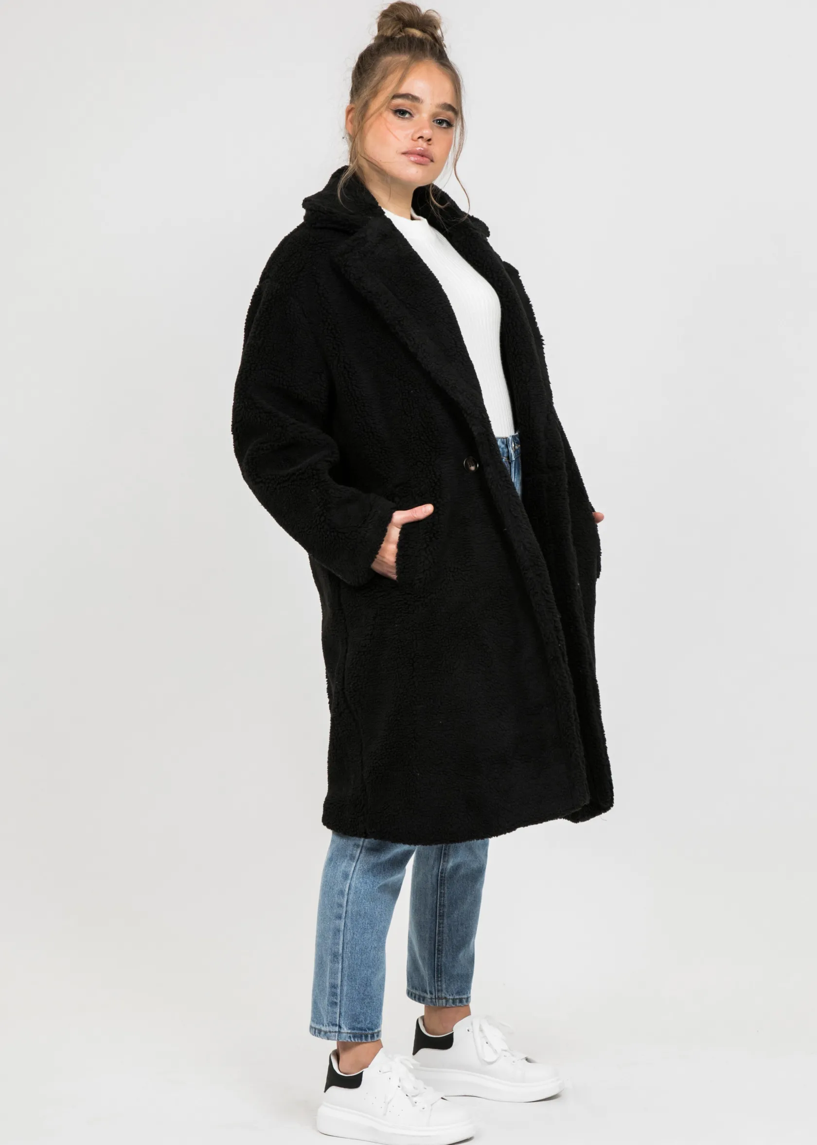 Outfitbook Manteau long effet peau de mouton NOIR Best