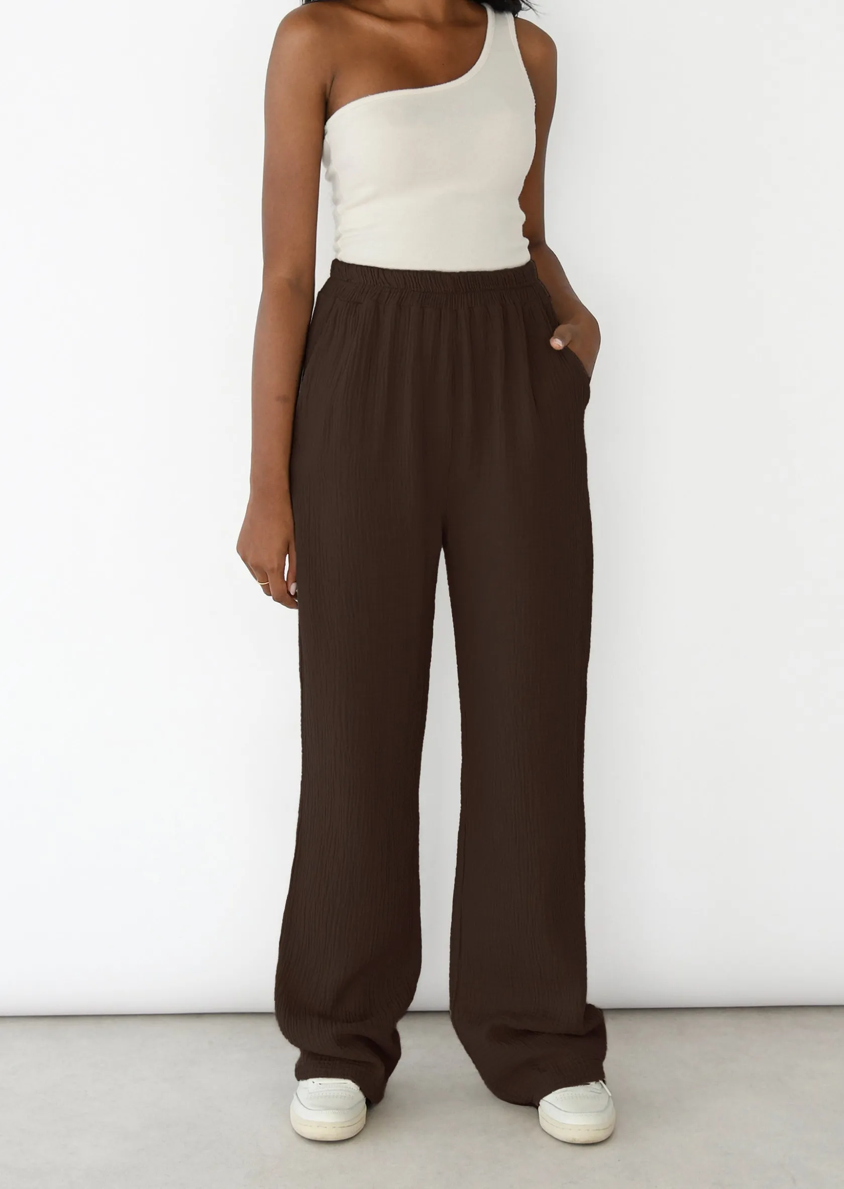 Outfitbook Pantalon en coton à taille élastique MARRON Store