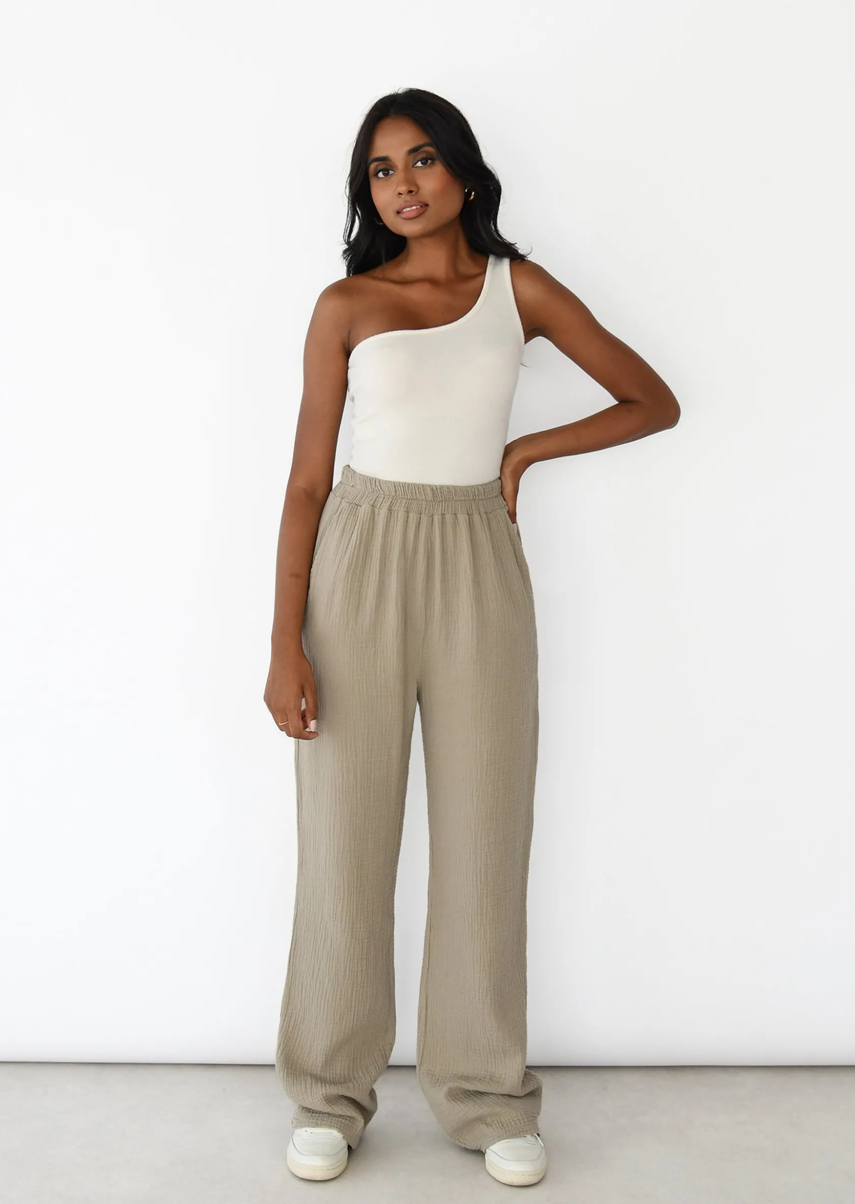 Outfitbook Pantalon en coton à taille élastique TAUPE Online