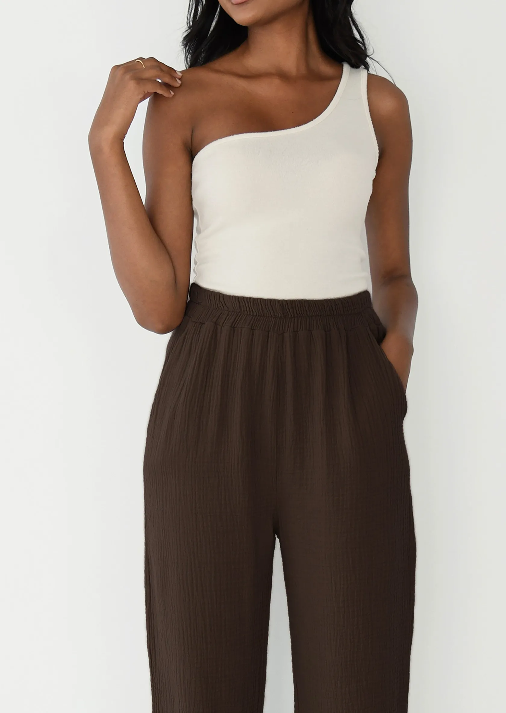 Outfitbook Pantalon en coton à taille élastique MARRON Store