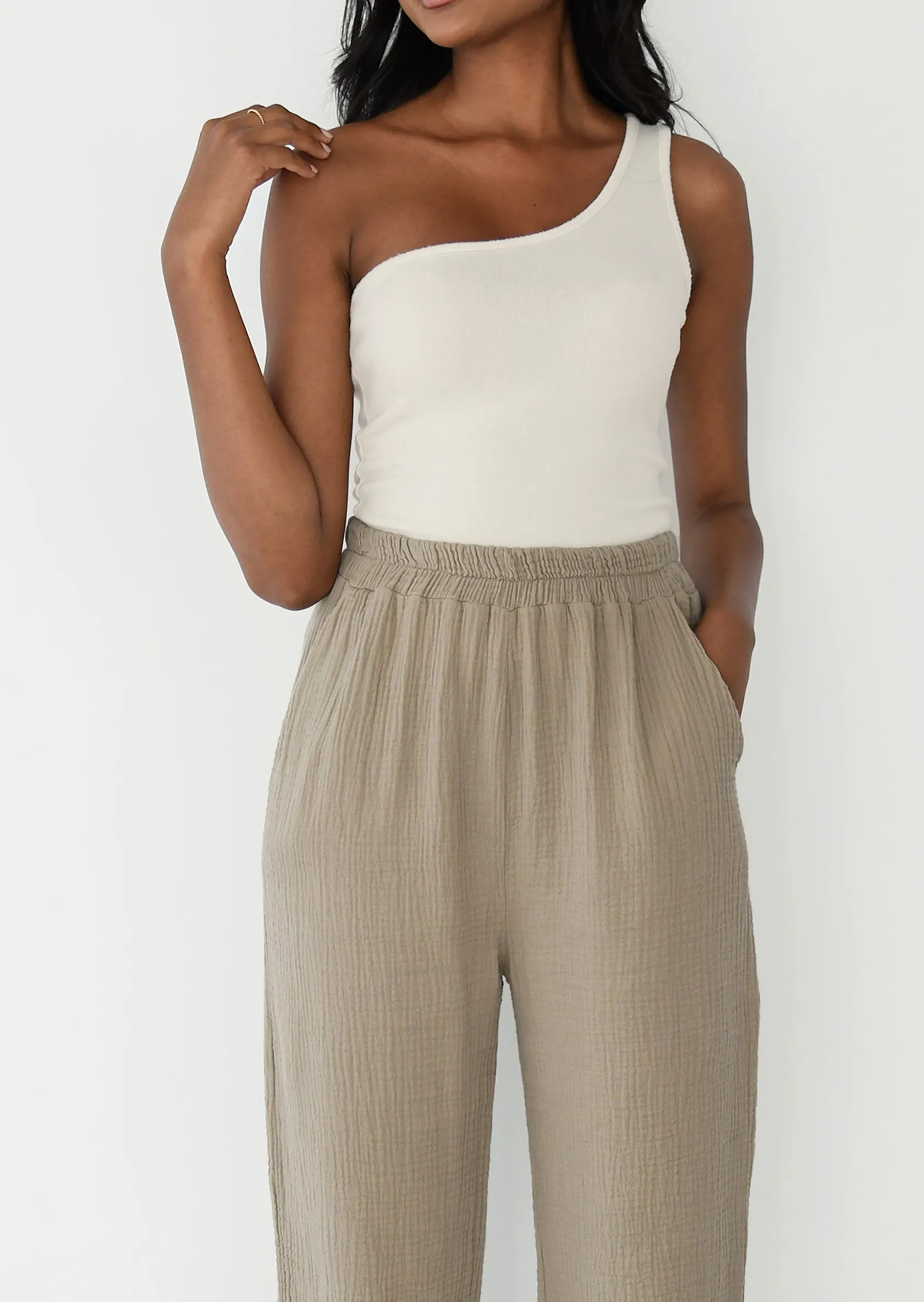 Outfitbook Pantalon en coton à taille élastique TAUPE Online