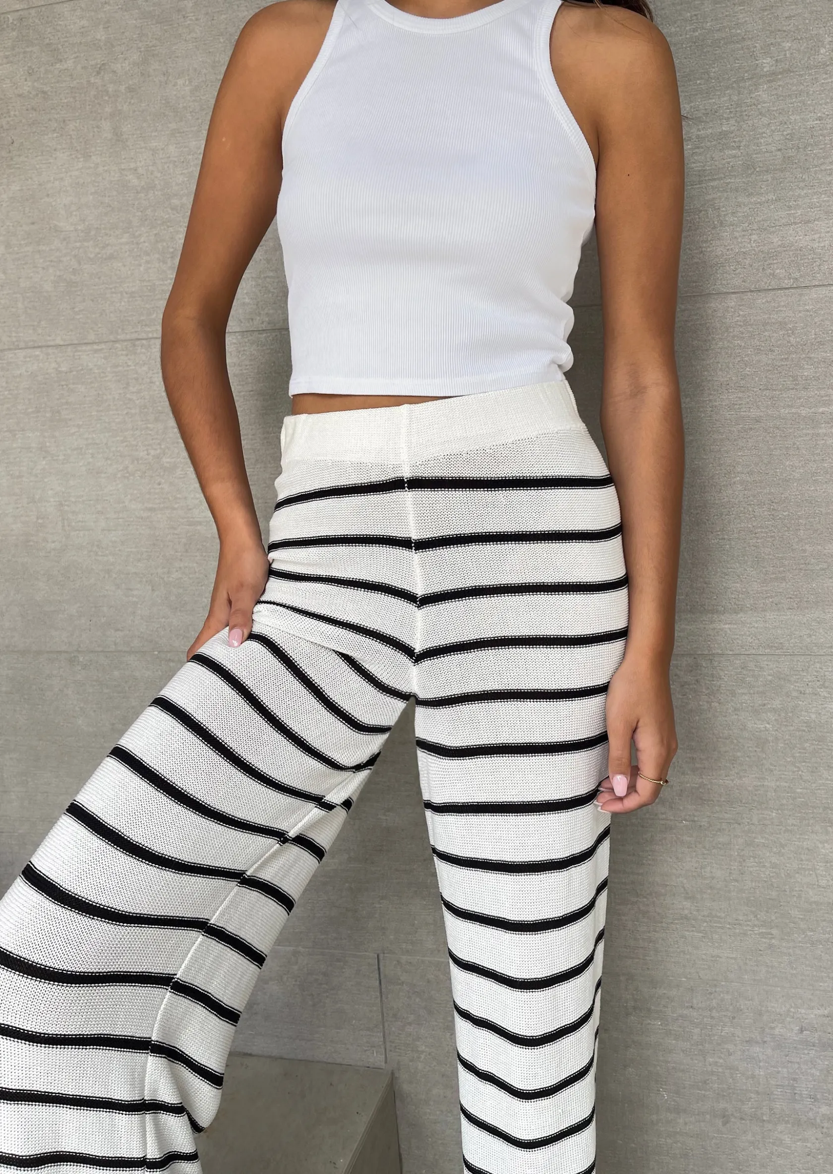 Outfitbook Pantalon en maille à rayures BLANC Flash Sale