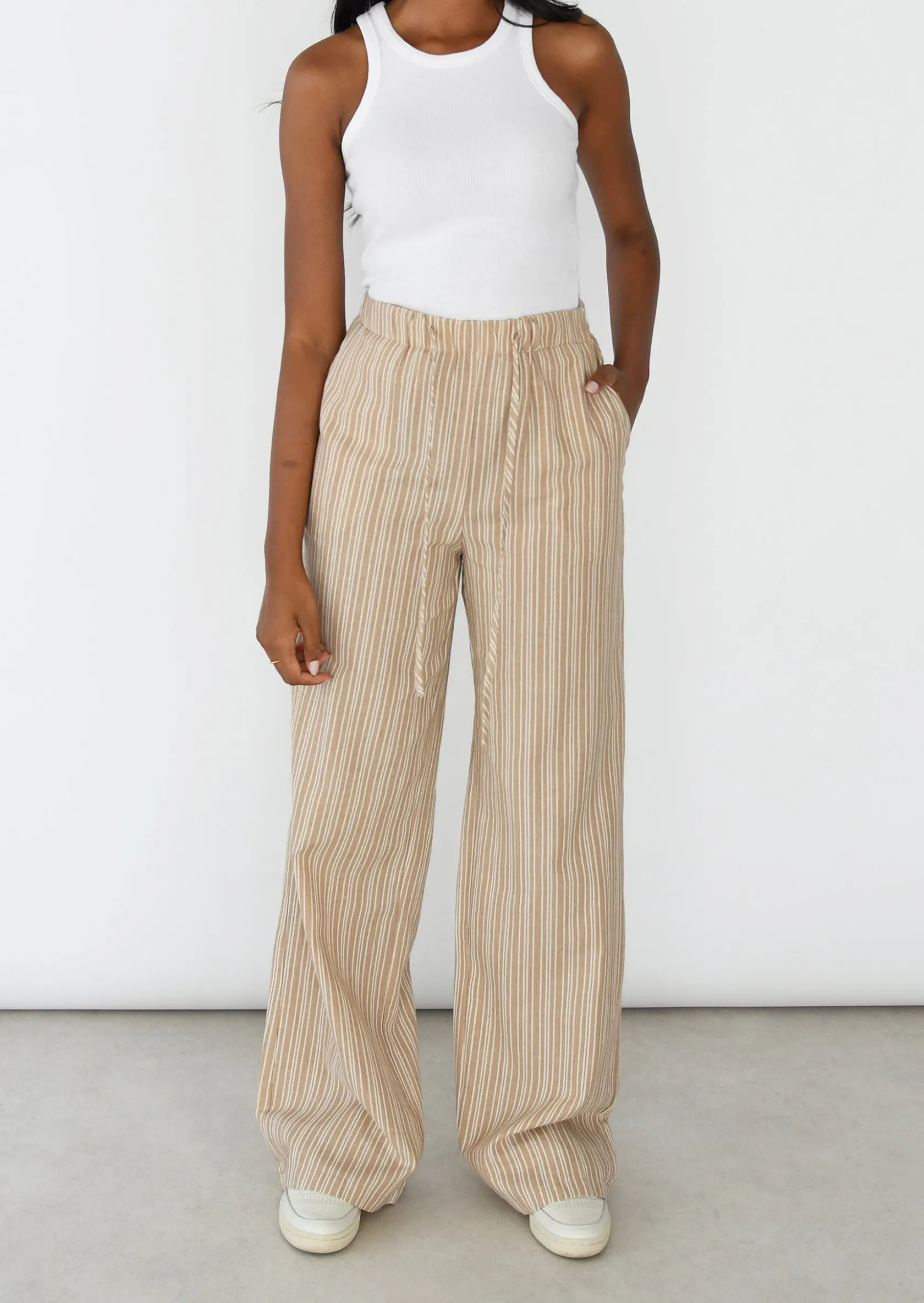 Outfitbook Pantalon large rayé avec cordon BEIGE Best Sale