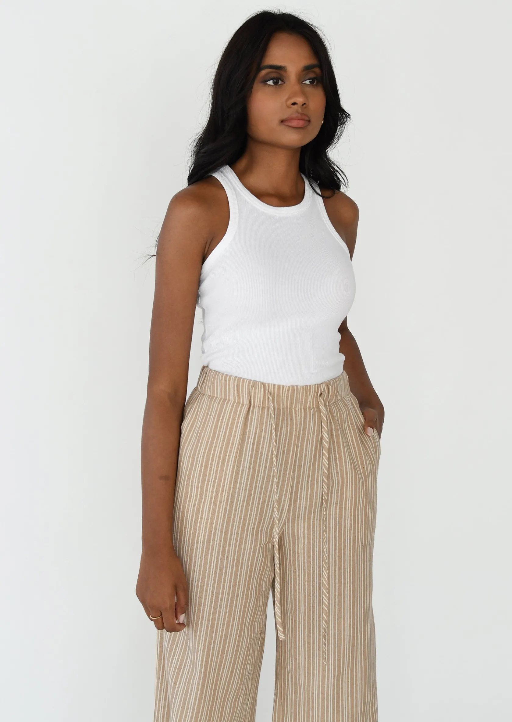 Outfitbook Pantalon large rayé avec cordon BEIGE Best Sale