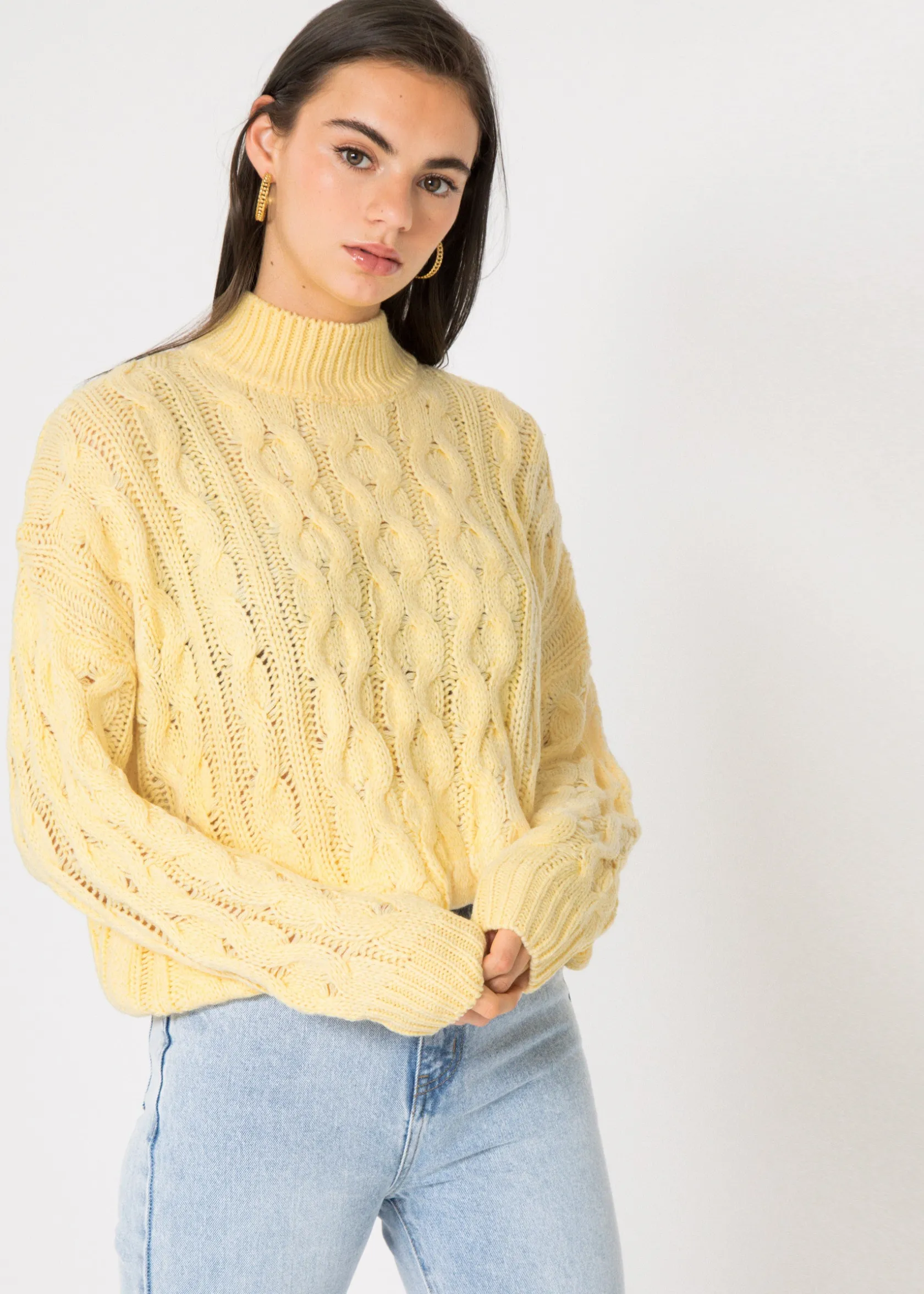 Outfitbook Pull col haut en maille torsadée pastel JAUNE Shop