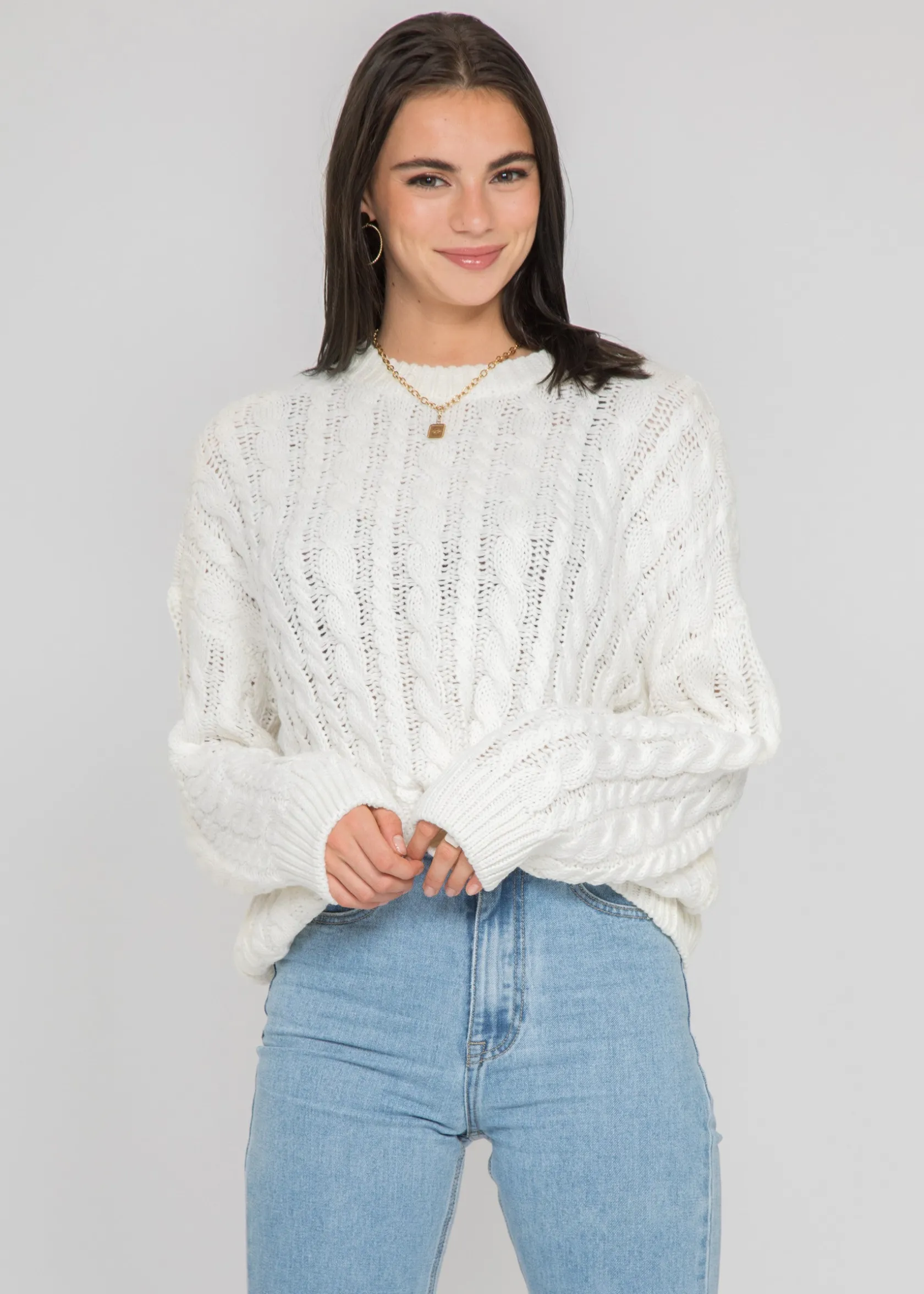 Outfitbook Pull col rond en maille torsadée BLANC Cheap