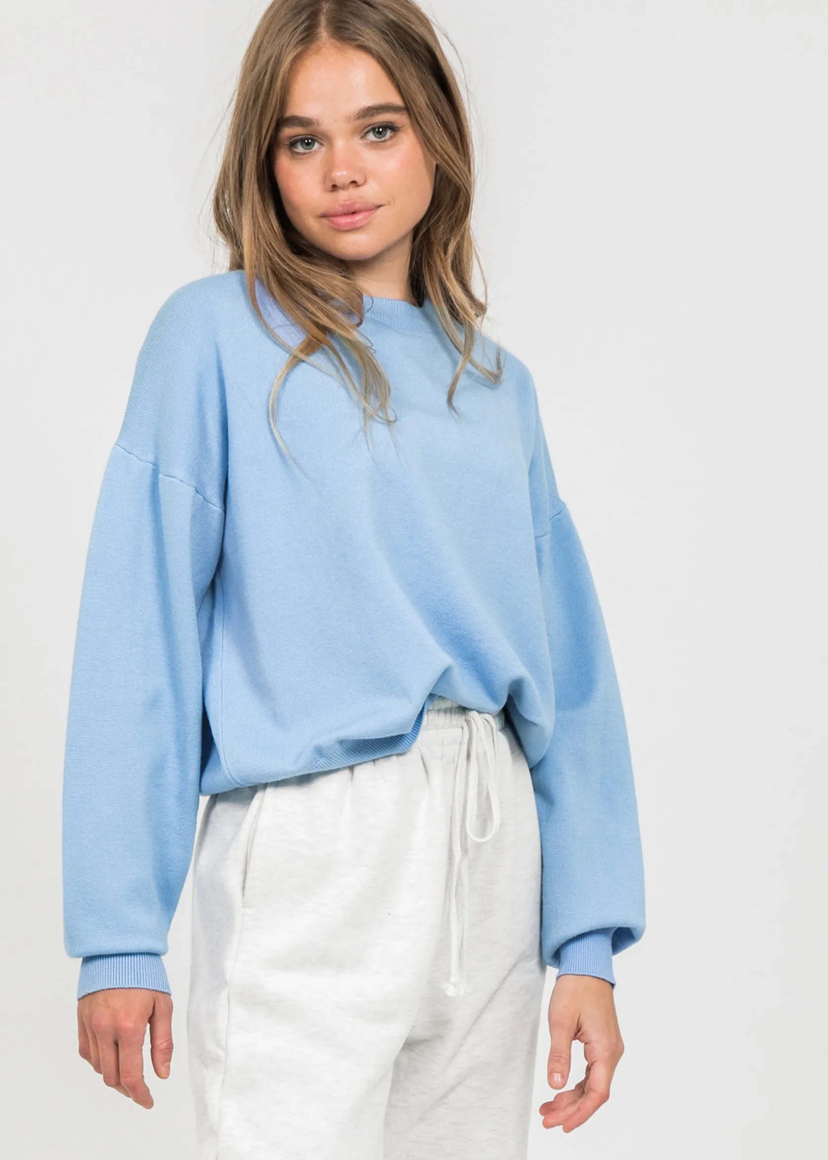 Outfitbook Pull oversize col rond en maille BLEU Fashion