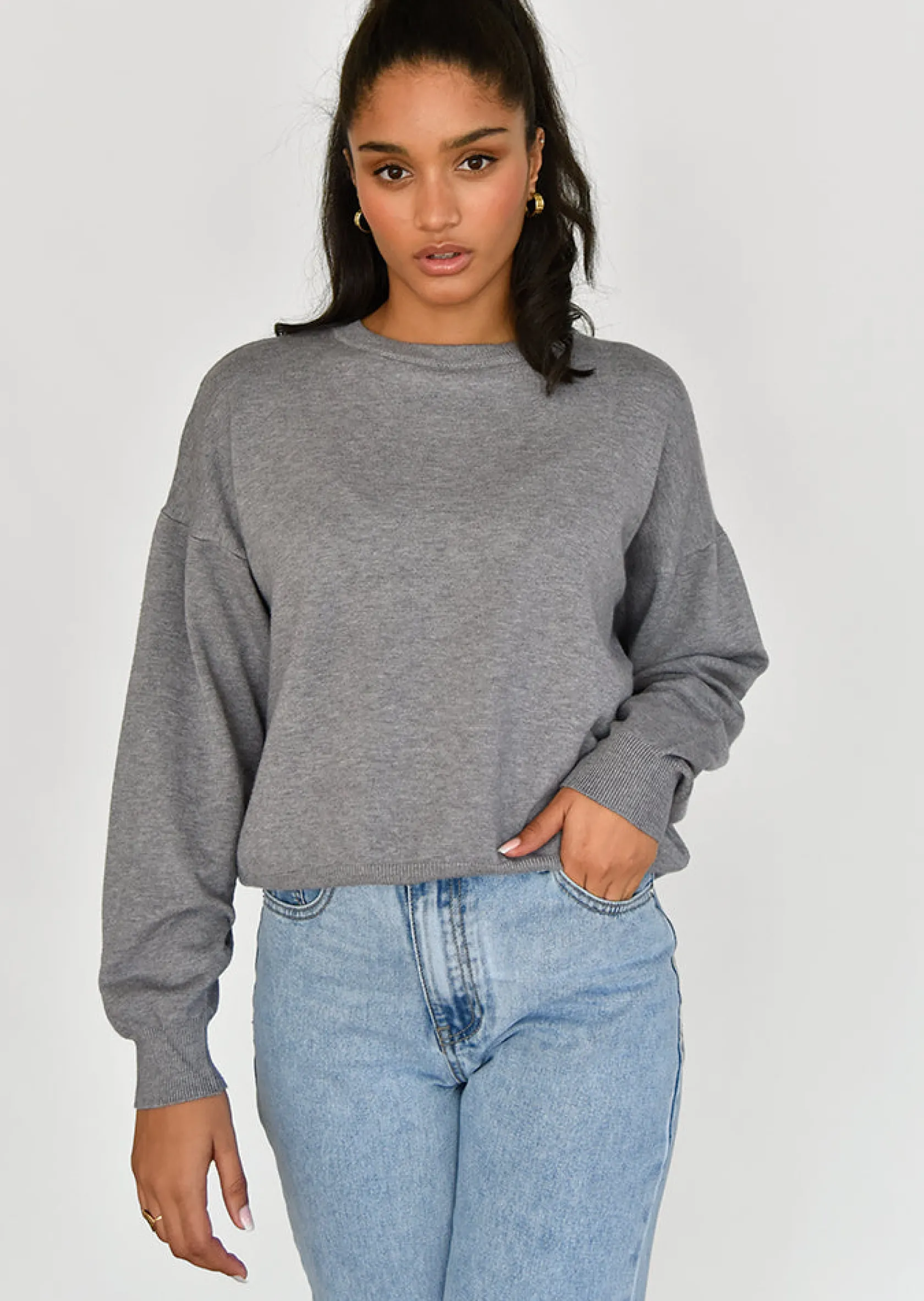 Outfitbook Pull oversize col rond en maille GRIS Flash Sale